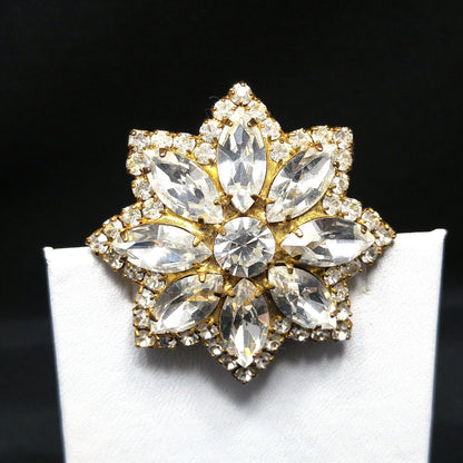 Eisenberg Ice Clear Rhinestone Flower Brooch, Gold Plated, 1960s Vintage Jewelry