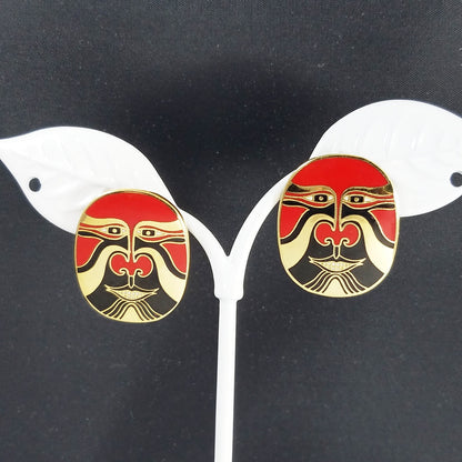 Vintage Laurel Burch "Eiko" Mask Earrings, Red Tribal Pierced Earrings, 1990s