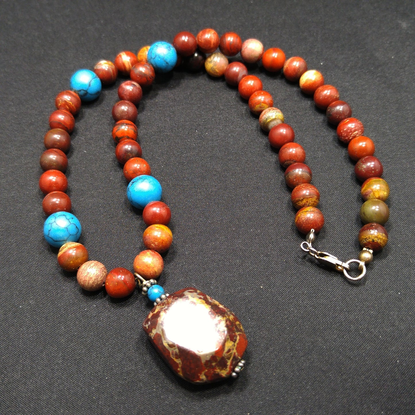 Gemstone Pendant Beaded Necklace, Red Jasper, 1980s Vintage Jewelry