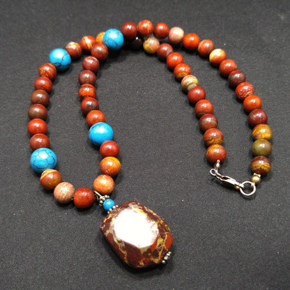 Gemstone Pendant Beaded Necklace, Red Jasper, 1980s Vintage Jewelry