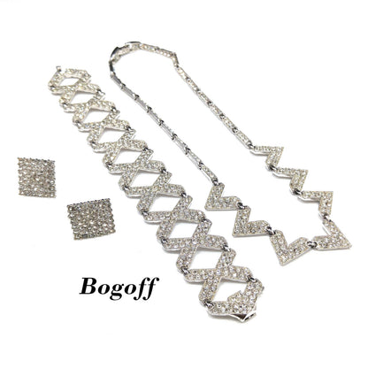 Bogoff Rhinestone Jewelry Set, Rhodium Plated Necklace Bracelet Screw Back Earrings, 1950s