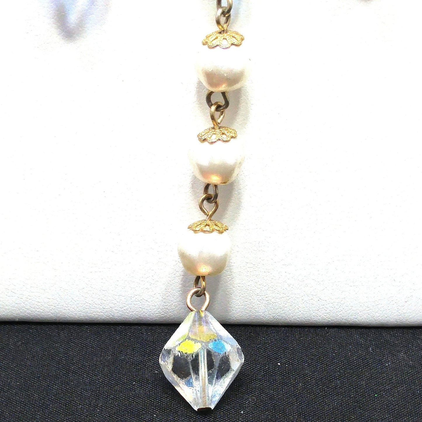 Vintage Crystal Faux Pearl Dangle Necklace, Large Aurora Borealis Crystal Beads, Vintage Jewelry
