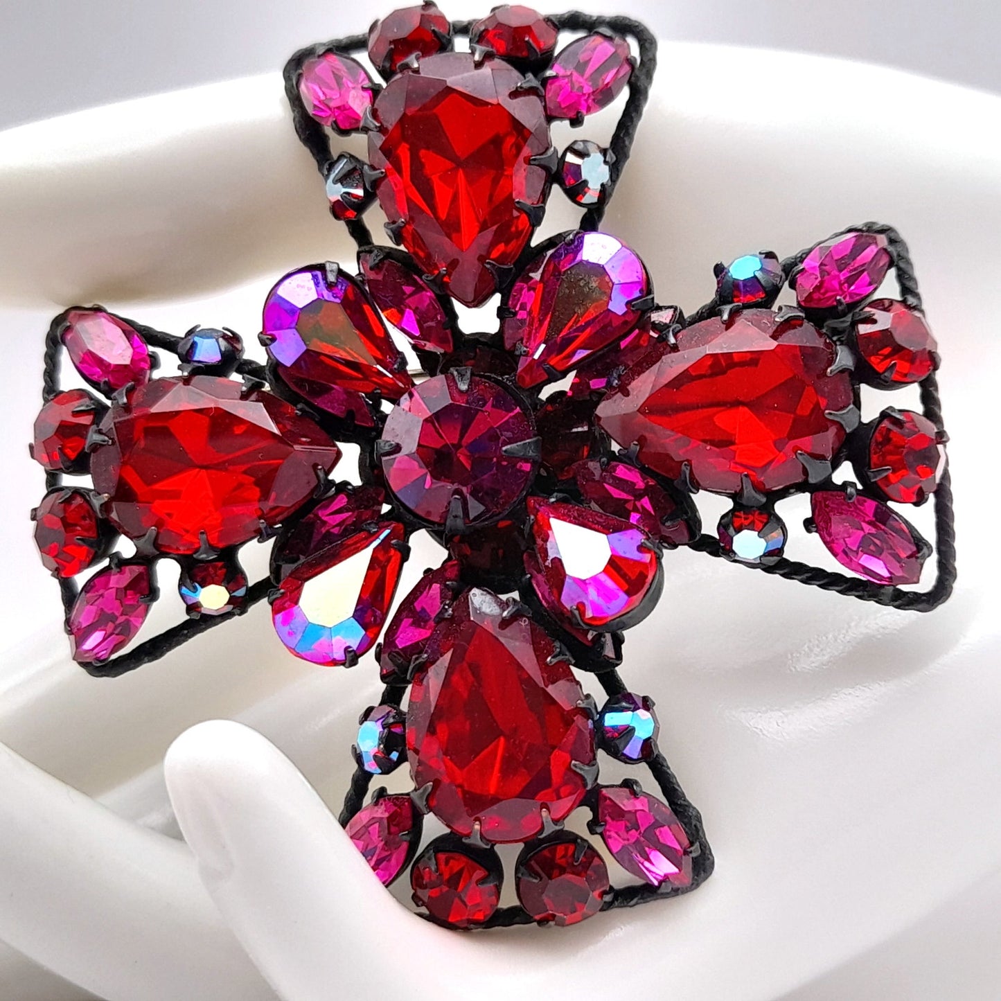 Signed Regency Red Pink Japanned Rhinestone Maltese Cross Brooch