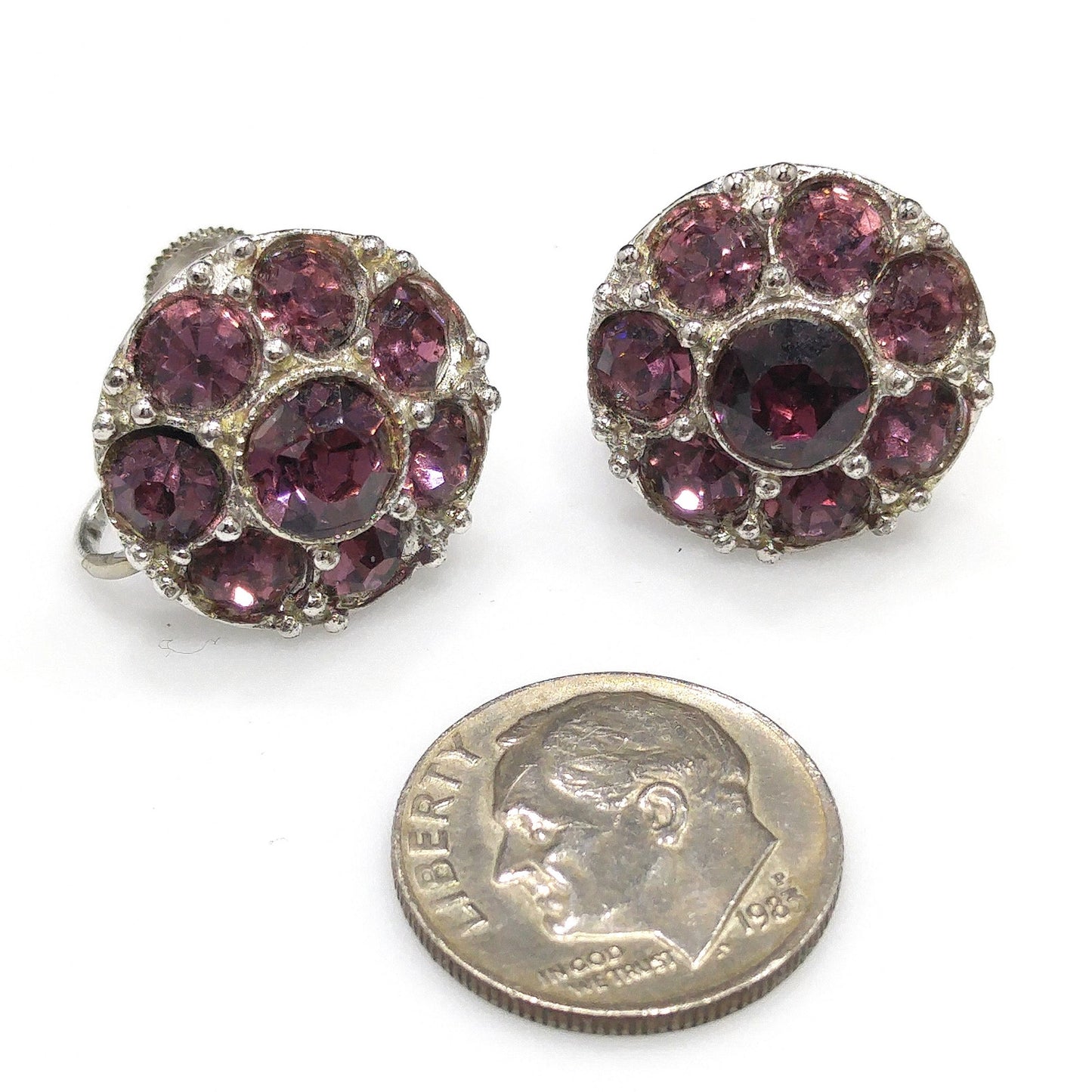 Bogoff Purple Rhinestone Screw Back Earrings, Rhodium Plated, 1940s Vintage Jewelry