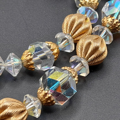 Vintage Crystal Necklace Earrings Set, 1960s, Gold Plated Beads, AB Crystal Beads, 28"