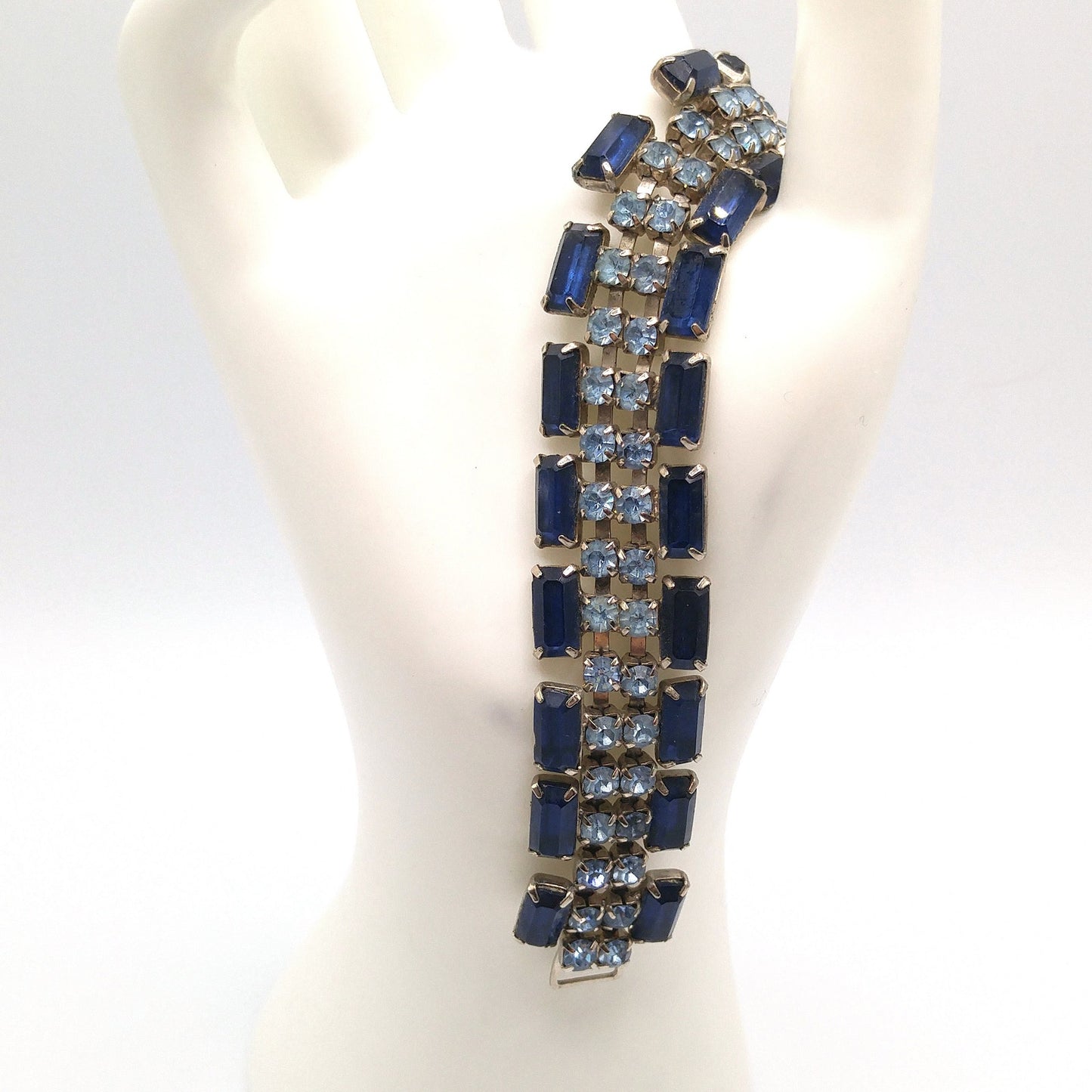 Blue Rhinestone Wide Bracelet, Darker Lighter Blue, Mid-Century, 1950s Vintage Jewelry