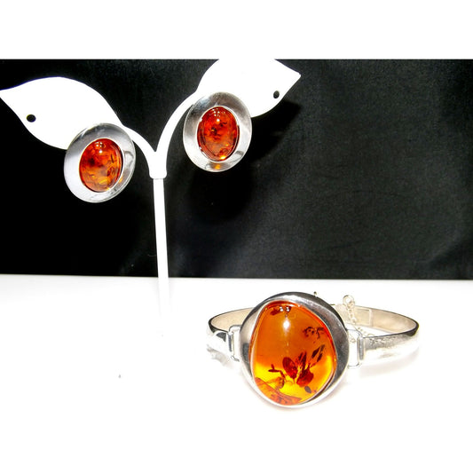 Sterling Silver Baltic Amber Cuff Bracelet Earrings Set, Poland 925 AT1, 1990s Vintage Jewelry