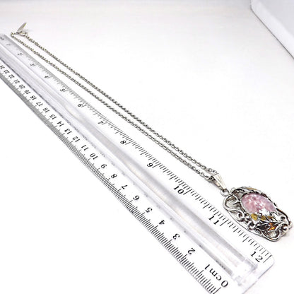 Vintage Whiting & Davis Pendant Necklace Easter Egg Glass Cabochon Silver Tone Floral Frame Vintage Jewelry