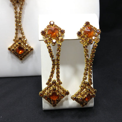 Topaz Glass Rhinestones Long Necklace Earrings, Rivoli Rhinestones, Gold Plated, 1960s Vintage Jewelry