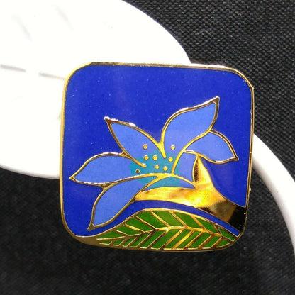 Laurel Burch "Wild Lily" Blue Post Earrings, Cloisonne Gold Plated, 1980s