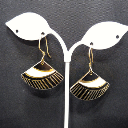 Vintage Laurel Burch Black White Gold Fan Drop Earrings, Gold Plated Enamel