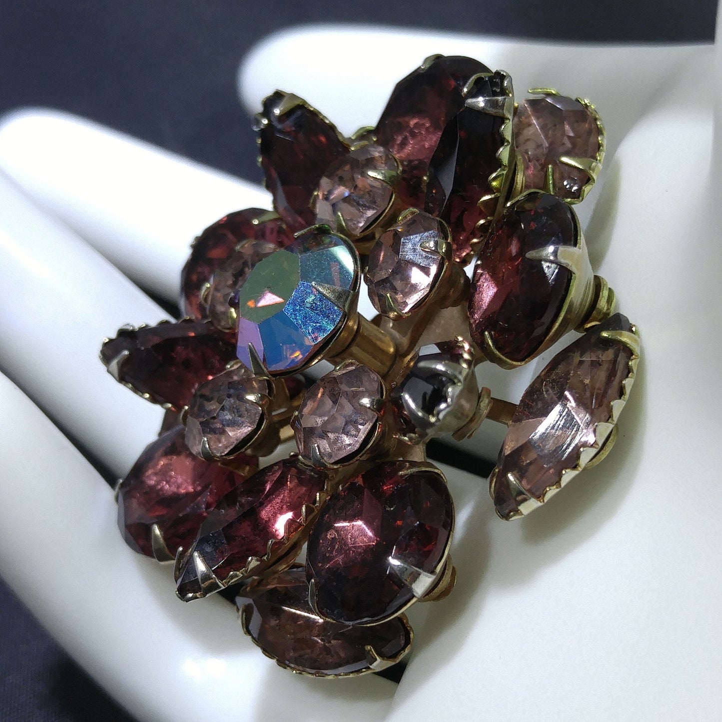 Purple & Lavender Floral Brooch, Aurora Borealis Center, 1950s Vintage Jewelry