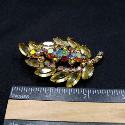 Yellow & Topaz Aurora Borealis Rhinestone Leaf Brooch, Open Back Stones, Gold Plated, 1960s Vintage Jewelry