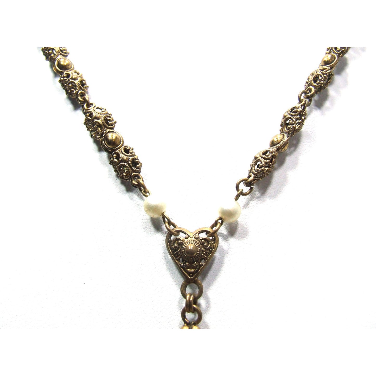 West Germany Orange Cabochon Glass Rhinestone Necklace, Faux Pearls, 1950s Vintage Jewelry