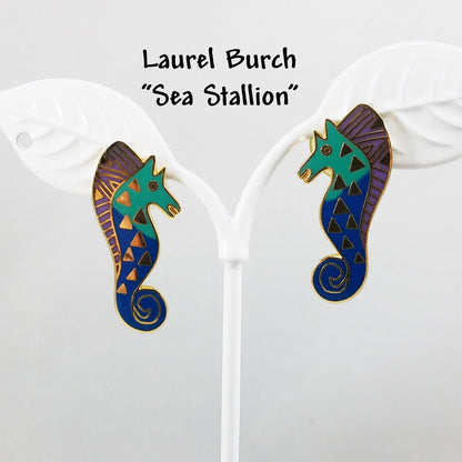 Vintage Laurel Burch "Sea Stallion" Post Earrings Teal Lavender & Gold SEA HORSE