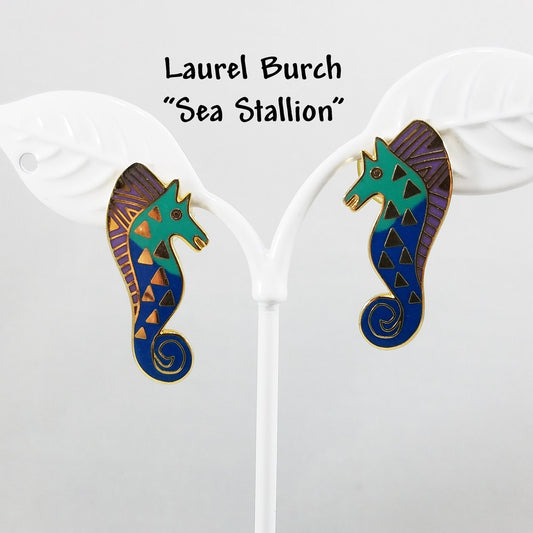 Vintage Laurel Burch "Sea Stallion" Post Earrings Teal Lavender & Gold SEA HORSE