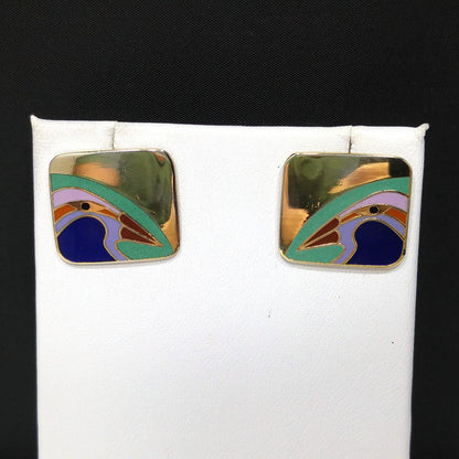 Laurel Burch Bird Post Earrings, Cloisonné Gold Plated, Enamel, 1980s Vintage