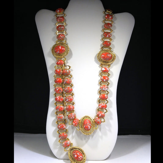 Book Chain Orange Gold Cabochon Lucite Belt or Long Necklace, Gold Robin's Egg Cabs, 36", 1960s Vintage Jewelry