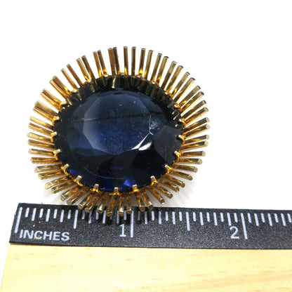 Kramer Large Blue Glass Brooch Pendant, Gold Plated, 1950s Vintage Jewelry