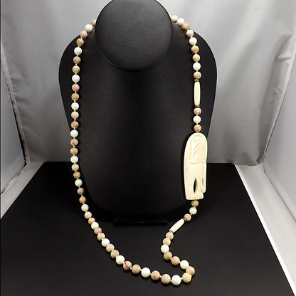 1950s Elephant Pendant Gemstone Beaded Necklace Hand Knotted 32” Vintage Jewelry