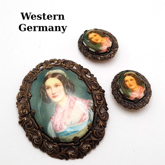 Western Germany Vintage Brooch Earrings Set Portrait Transfer on Glass Gold Tone
