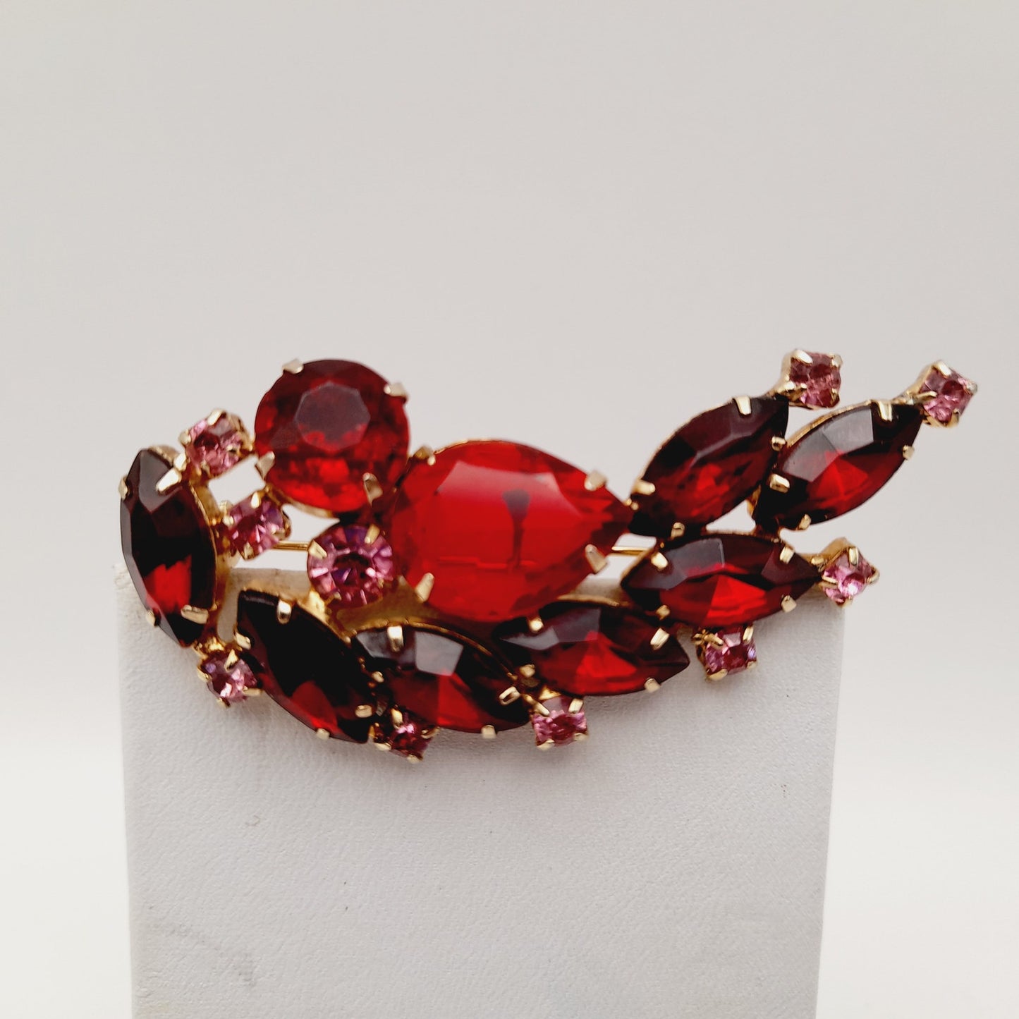Vintage Red Pink Rhinestones Floral Spray Gold Plated Brooch Pin, 2 1/2 Inches