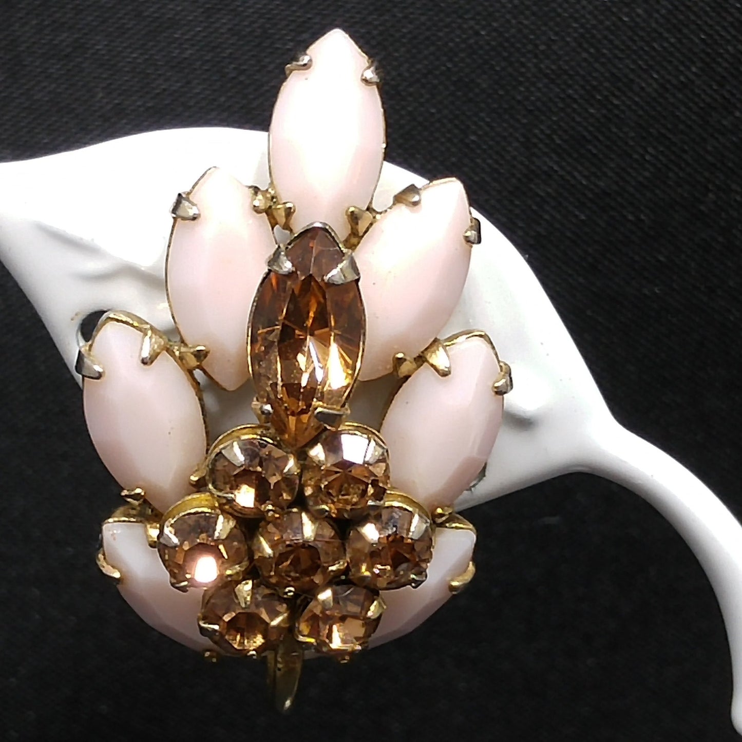 Sherman Pink & Topaz Rhinestone Earrings, Pink Milk Glass, Gold Plated, 1960s Vintage Jewelry