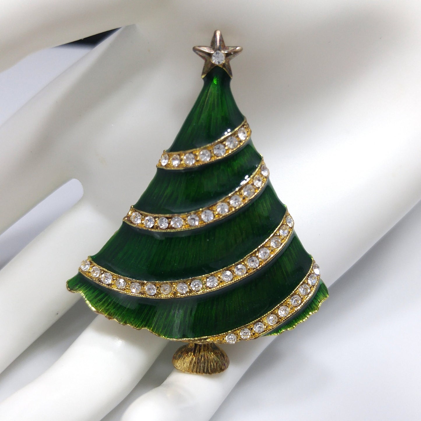 Eisenberg Ice Christmas Tree Brooch, Green Enamel, Gold Plate, 1960s Vintage Jewelry