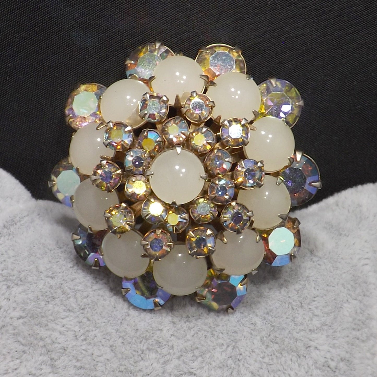 Aurora Borealis Domed Floral Brooch, Riveted Construction, 1950s Vintage Jewelry