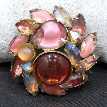 Mid-Century Pink Art Glass Domed Brooch, Czech Glass, Gold Plated, 1950s Vintage Jewelry