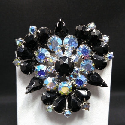 Black Aurora Borealis Brooch & Earrings, Rhodium Plated, 1960s Vintage Jewelry