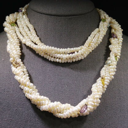Sand Pearls & Gemstones Long Twisted Necklace, 4 Strands, No Clasp, 1970s Vintage Jewelry