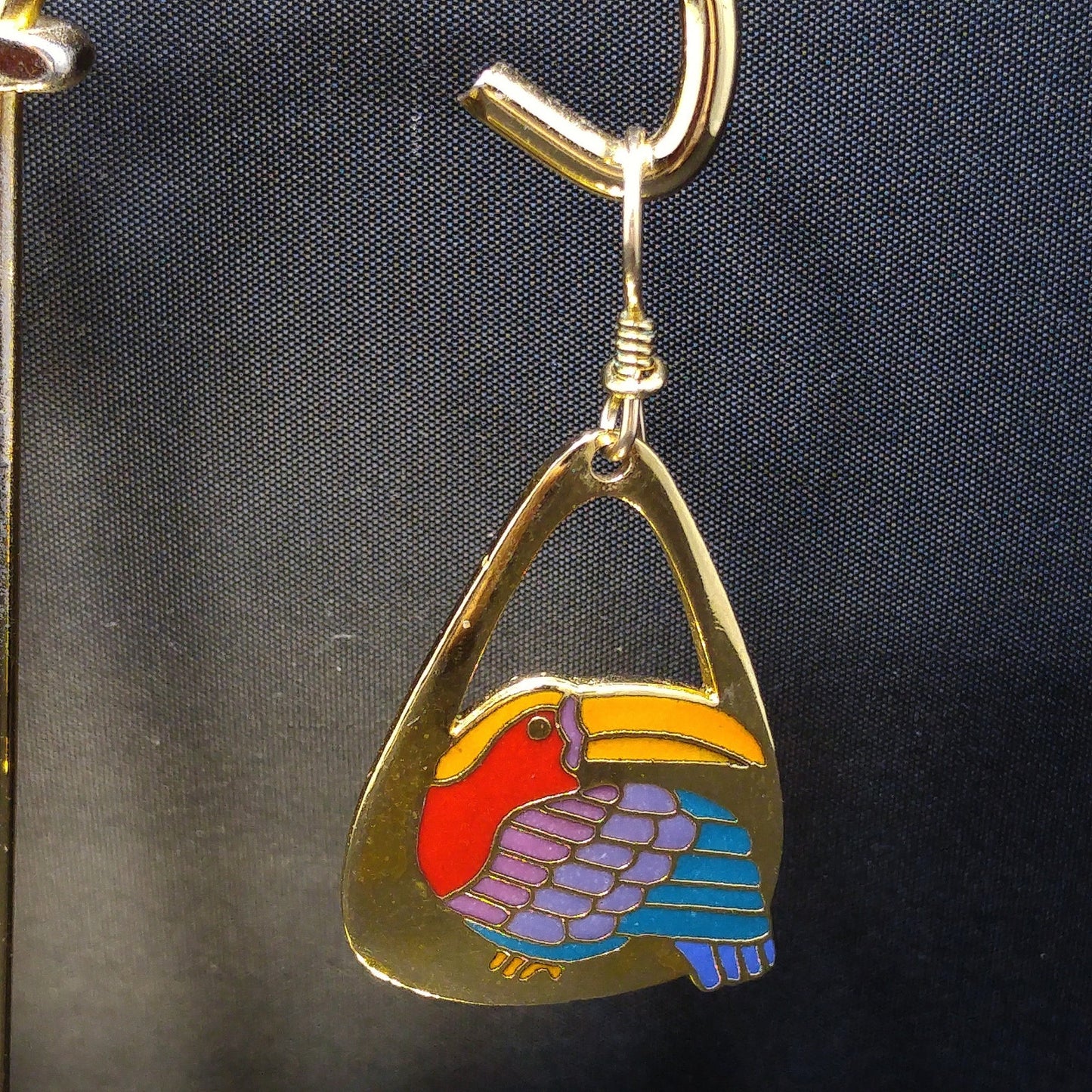 Laurel Burch Toucan Bird Earrings, Gold Plated Cloisonne Enamel, 1980s Vintage Jewelry