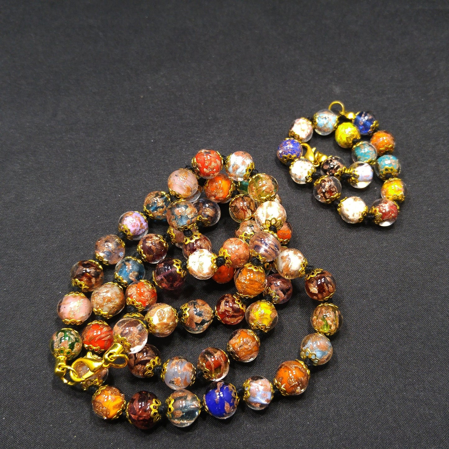Venetian Goldstone Bohemian Necklace & Bracelet, Hand Knotted Black Thread, Vintage Jewelry