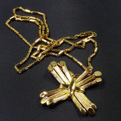 Crown Trifari Cross Pendant Necklace, Gold Plated, 1970s Vintage Jewelry