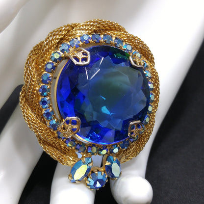 Large Blue Glass & AB Rhinestones Brooch, Gold Plated Mesh Frame, 1960s Vintage Jewelry