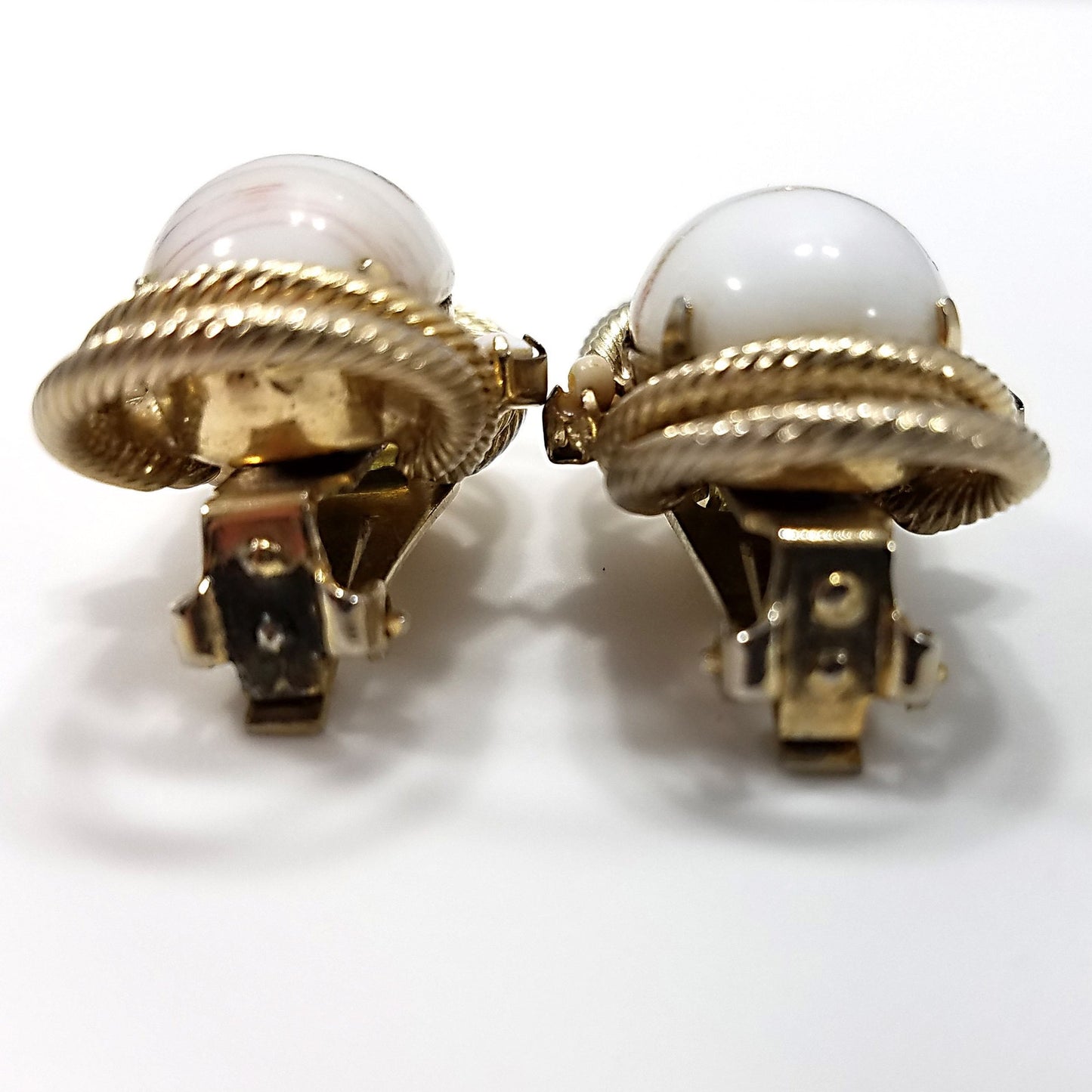 Hobe' White & Gold Earrings, Gold Plated, Art Glass, 1950s Vintage Jewelry