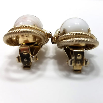 Hobe' White & Gold Earrings, Gold Plated, Art Glass, 1950s Vintage Jewelry