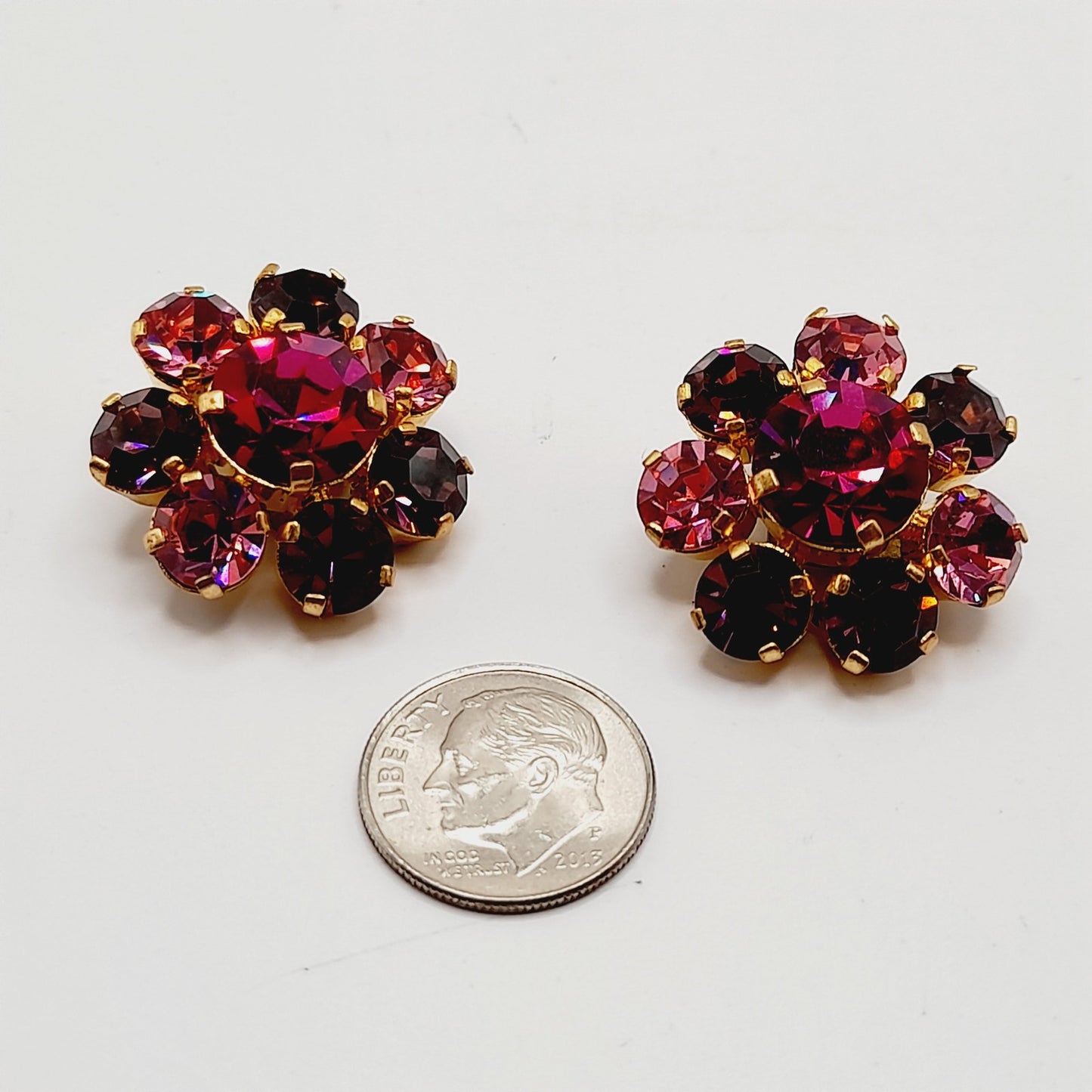 Vintage Made in Austria Pink Rhinestone Earrings Clip On Mid Century Jewelry