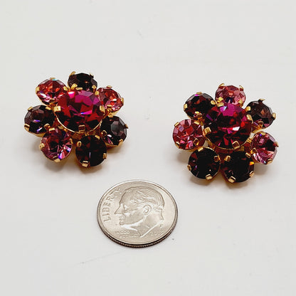 Vintage Made in Austria Pink Rhinestone Earrings Clip On Mid Century Jewelry