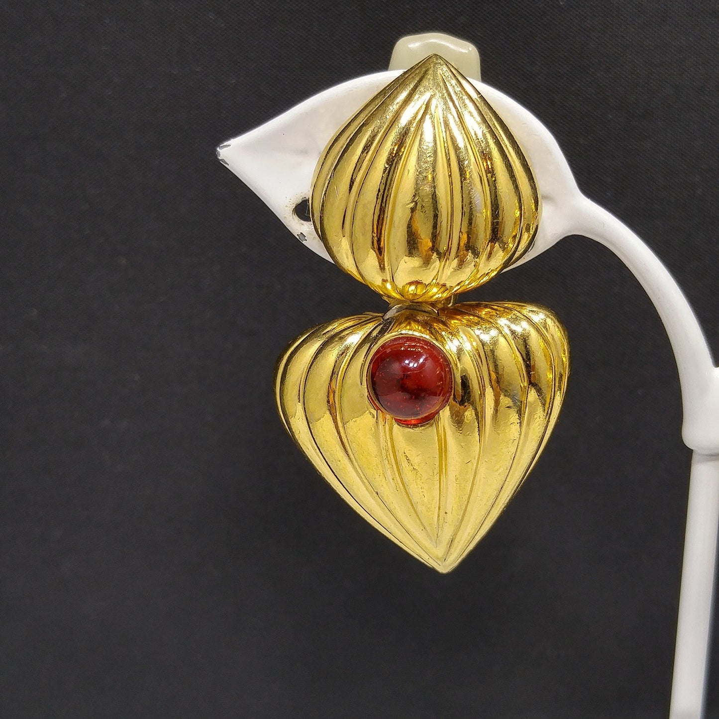 Vintage CINER Heart Drop Earrings, Red Cabochon, Gold Plated, 1980s