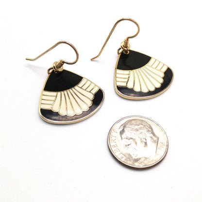 Vintage Laurel Burch "Waterfall" Drop Earrings, Black White Enamel, Gold Plated