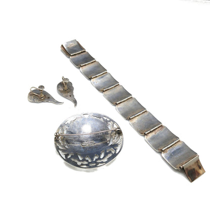 Sterling Silver Jewelry: Bracelet, Screw Back Earrings, Brooch, Stamped Sterling Made in Siam, 1930s Vintage Jewelry