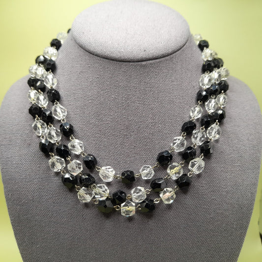 Vintage Art Deco Black and Clear Crystal Necklace – 1920s Wire Wrapped Flapper Beads – 53 Inches