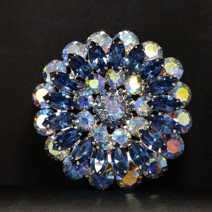 Mid Century Blue Aurora Borealis Brooch, Rhodium Plated, 1960s Vintage Jewelry