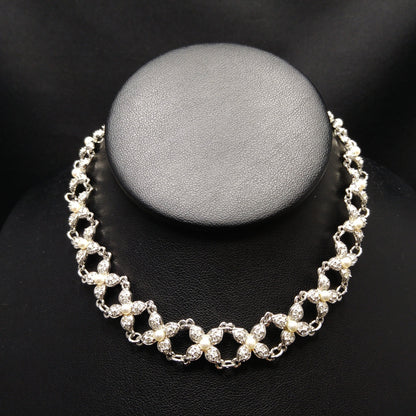 Vintage Swarovski Swan Logo Pearl Rhinestone Floral Choker Necklace 1990s