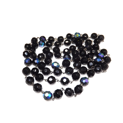 Long Black Crystal Beaded Necklace, Aurora Borealis, No Clasp, 1970s Vintage Jewelry