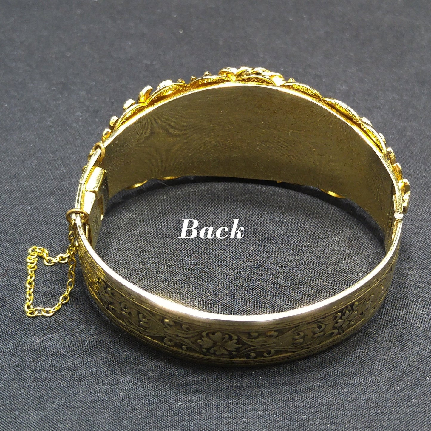 Whiting & Davis Gold Tone Cuff Bracelet Peking Glass Cabochon Leaves Vintage