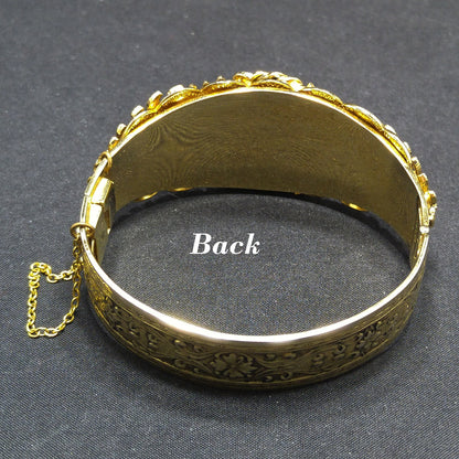 Whiting & Davis Gold Tone Cuff Bracelet Peking Glass Cabochon Leaves Vintage