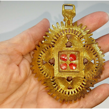 Vintage Castlecliff Pendant Orange Art Glass Gold Enamel Large Statement Jewelry
